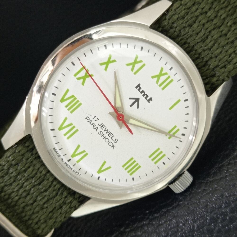 Vintage 1983 HMT Manual Wound Mens Silver Watch & Green accents